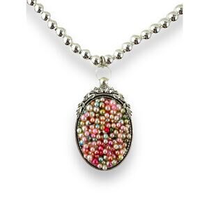 Pink Pearlescent Palooza Bubbles OOAK Oval Bezel Baroque 925 Ball Chain Necklace